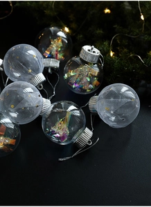 Detail of Christmas tree ornaments with starlit mesh wrap and colorful iridescent filling