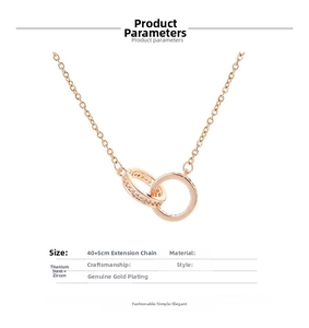 Detail of interlocking circles necklace featuring cubic zirconia and polished titanium steel