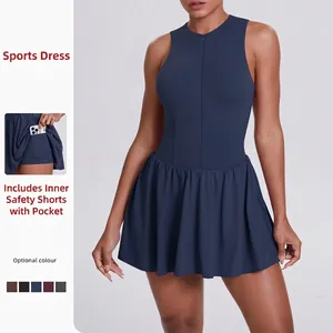 Vestito Sportivo da Tennis Donna Collo Alto con Cerniera Senza Maniche Pieghe Jumpsuit con Tasca Integrata Leggings Top And Bottom
