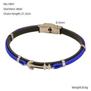 Detail view of anchor bracelet with blue woven rope and 21.5cm length specifications