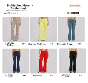High-waisted yoga flare pants in six vibrant colors showing elastic knit fabric details