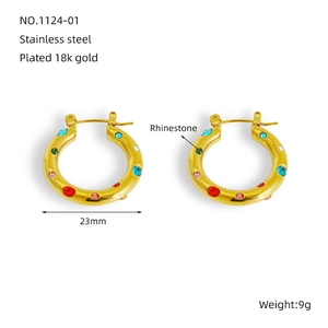 Detail showing 23mm 18k gold plated stainless steel hoops with multicolored rhinestones