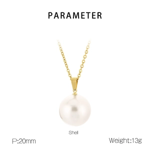 Detail view of 20mm white shell pearl pendant with golden bail and specifications