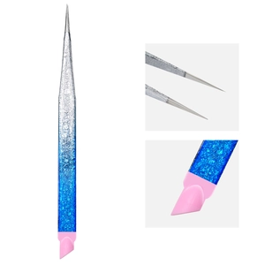 Detail view of dual-ended nail tweezers with blue glitter finish and pink silicone head