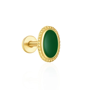 Close-up of vintage gold s925 silver earring with green oval opal and flat back design