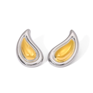 Two-tone stainless steel teardrop stud earrings in gold and silver finish with high luster