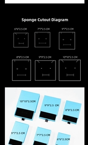 Size guide for drawer jewelry boxes showing foam insert slot layouts for rings and earrings