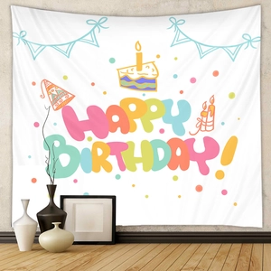 Bohemian style Happy Birthday wall tapestry with colorful cartoon cake and party hat icons