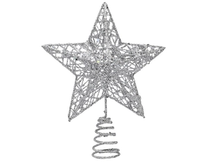 Detailed view of silver glitter star tree topper with metal spiral base for Christmas decor