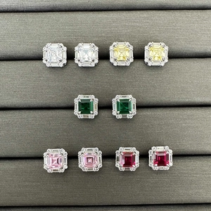Elegant 925 silver Asscher cut colorful stud earrings with sparkling halo set in a box