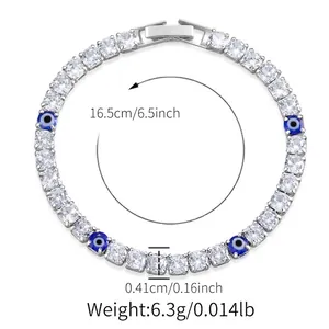 Size chart showing dimensions of the silver tennis bracelet with blue evil eye charms