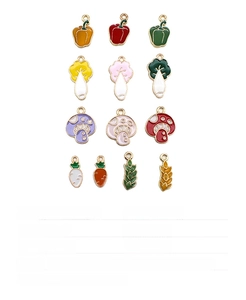 Detailed macro view of colorful enamel vegetable charms made of durable zinc alloy