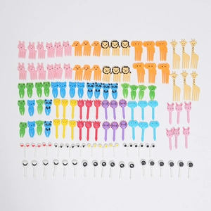 Detailed set of colorful cartoon animal plastic fruit picks and lunch box accessories