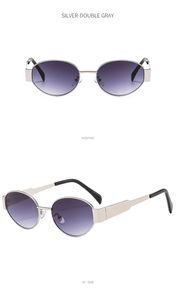 Detailansicht der Retro-Oval-Sonnenbrille mit silbernem Metallrahmen und lila Verlaufsgläsern