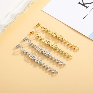 Minimalist long metal chain earrings with LOVE letters in gold and silver finish