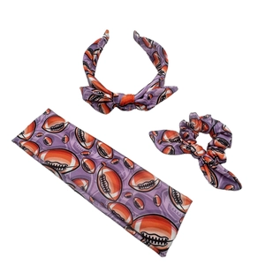Purple rugby patterned hair accessories set with headband, bow scrunchie and silk scarf