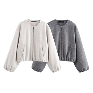 Women Bomber Jacket Soft Felted Solid Color Zip Up Loose Casual Streetwear Outerwear Long Lantern Sleeve Pocket Coat