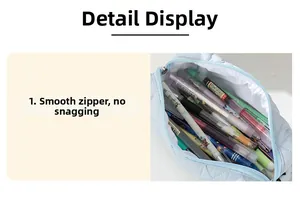 Detail of light blue floral quilted pencil case showing smooth zipper and large storage space