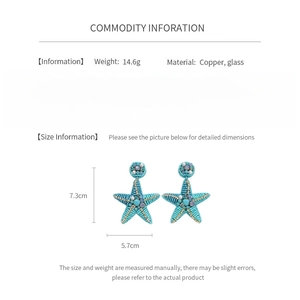 Detailed technical info for starfish drop earrings with size measurements and material specs