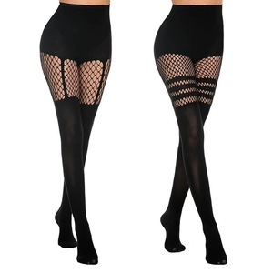 Black fishnet tights with high waist cutouts and thigh-high stocking patchwork design