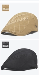 Detail of khaki and black berets with diamond quilting and 3D bustling embroidery