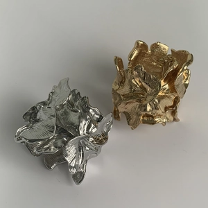 Exaggerated metal leaf petal open wide cuff bracelet in gold and silver finish