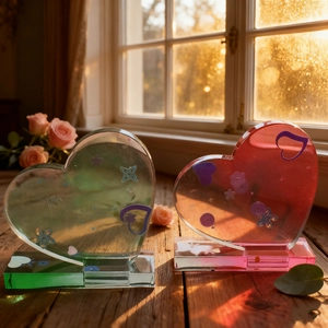 DIY heart-shaped resin photo frames in green and wine red with floral inserts