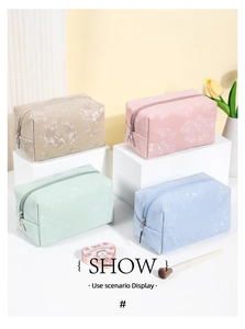 Detailed view of floral embossed PU leather texture and M-shaped silver metal zipper pull