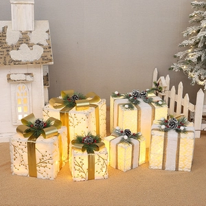 Christmas Glowing Gift Boxes Plush Iron LED Decorative Boxes Holiday Party Layout Warm Light Ornaments Home Decor