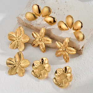 Flower Stud Earrings And Adjustable Rings Stainless Steel 18K Gold Plated Vintage Floral Textured Jewelry For Women