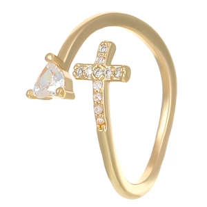 Golden double layer open ring with heart-shaped stone and crystal cross detail