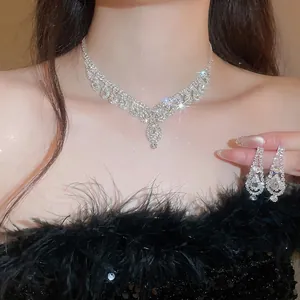 Elegant silver diamond waterdrop fringe necklace and earrings set for women