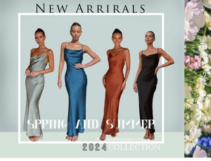 Detail view showing four elegant silk satin slip dresses in green, blue, caramel, and black