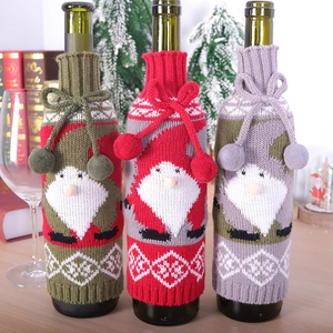 Knitted Wine Bottle Cover Christmas Gnome Santa Claus Design With Pom Pom Drawstring Holiday Party Table Decoration Nordic Style