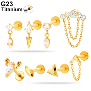 G23 Titanium Internally Threaded Flat Back Labret Studs Ear Cartilage Piercing Jewelry Zircon Chain Tassel Geometric