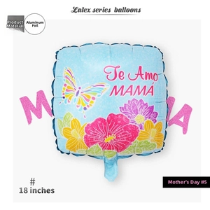 Detail of 18-inch square light blue foil balloon with flowers and Te Amo Mama text
