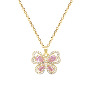 Elegant gold titanium steel necklace with pink butterfly pendant and pavé crystals