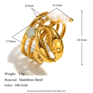 18K gold plated stainless steel multi-layer ring with pearl and blue natural stone
