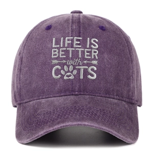 Detail of purple washed cotton baseball cap with Life Is Better with Cats white embroidery