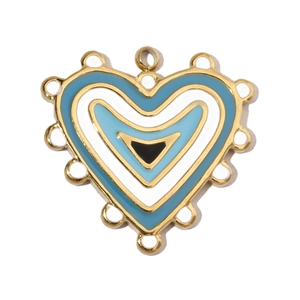 Detailed view of heart-shaped evil eye pendant in blue enamel and gold finish