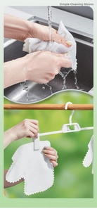 Washable microfiber cleaning gloves with scale texture hanging to dry outdoors