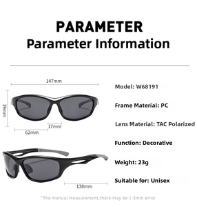Detailed technical drawing of polarized sports sunglasses showing frame and lens dimensions