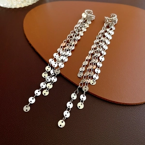 Long Tassel Sequin Clip On Earrings Alloy Metal Multi Layered Non Pierced Ear Cuff Fashion Jewelry For Women