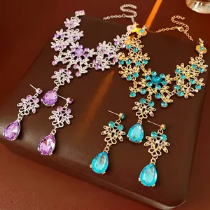 Vintage Flower Teardrop Necklace And Earrings Jewelry Alloy Zirconia Crystal Hollow Out Statement Palace Style For Women