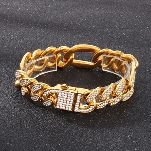 Hip hop gold plated Cuban link bracelet with iced out pavé rhinestones and snap clasp