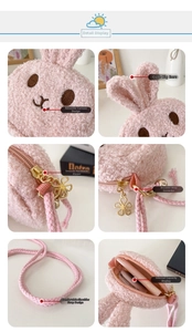 Detailed views of pink plush rabbit bag showing gold zipper, strap and interior capacity