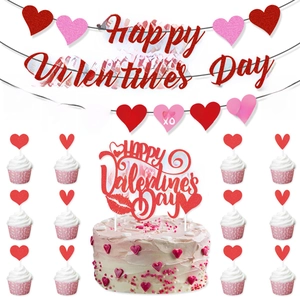 Valentine Day Decoration Glitter Paper Banner Heart Cake Topper Balloon Romantic Red Pink Party Home Wedding Anniversary