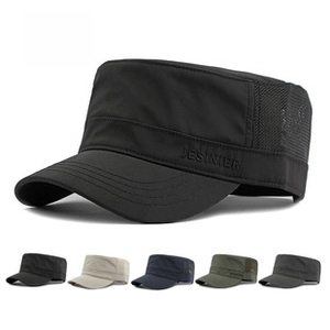Flat top military cap detail showing breathable mesh panels and multiple color options