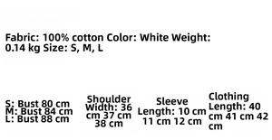 Detailed size chart for the white V-neck cotton top showing measurements from S to L