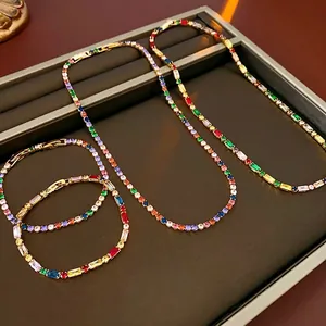Rainbow Colorful Zircon Necklace And Bracelet Jewelry Luxury Fashion Copper Gold Plated Round Square Gemstone Women Accessory